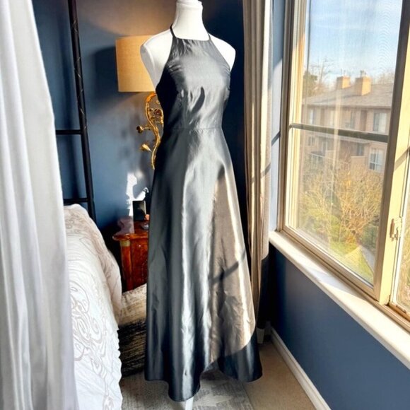 NWT Vintage 90s Grad Formal Gunmetal Dark Silver Metallic Maxi Gown - Picture 1 of 13